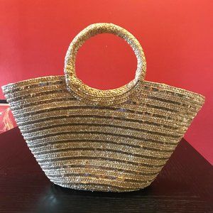 Straw Beach Tote with Gold Sequins